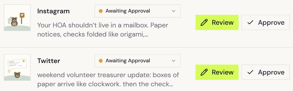 Mavlow Queue — Blocbear Instagram and X drafts awaiting approval with Review and Approve